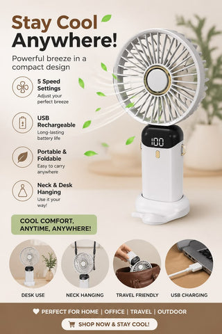 Foldable USB Neck Hanging Fan with LED Display